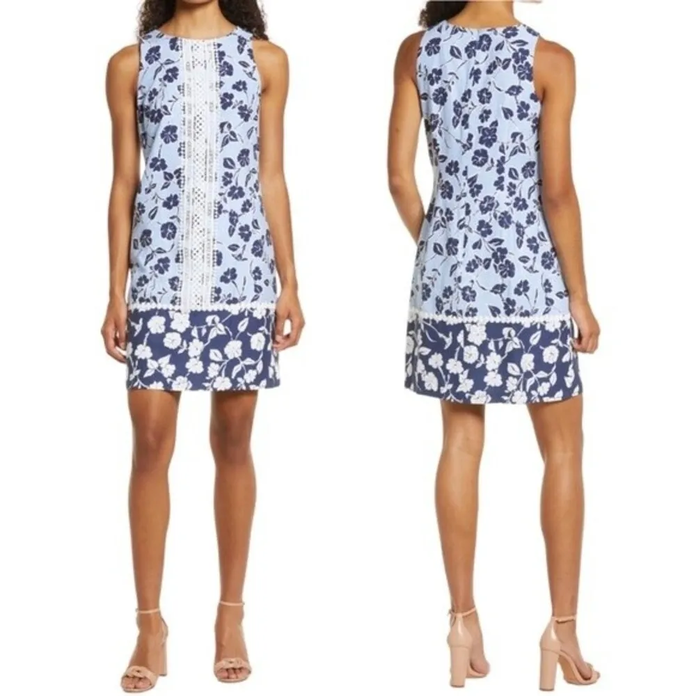 NWT Eliza J Mini Dress Size 4 Lace Trim Floral Blue & White Coastal Shift NEW - Image 15