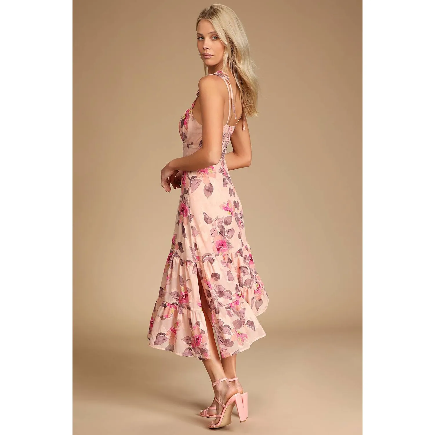 NWT Lulus Tea Party Chic Pink Floral Print Tie-Strap Tiered Midi Dress Size S - Image 7