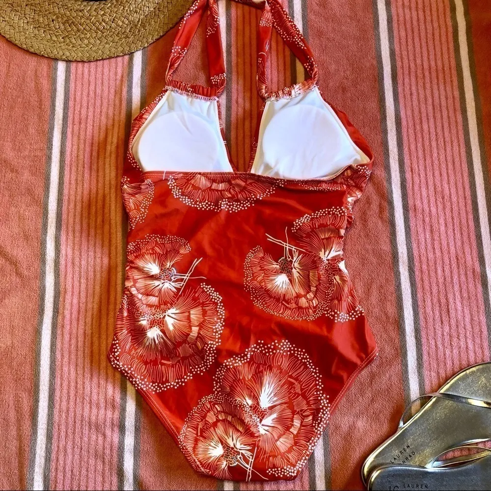 NWOT Eomenie One Piece Ruched Halter Swimsuit Size Small. Orange - Image 7