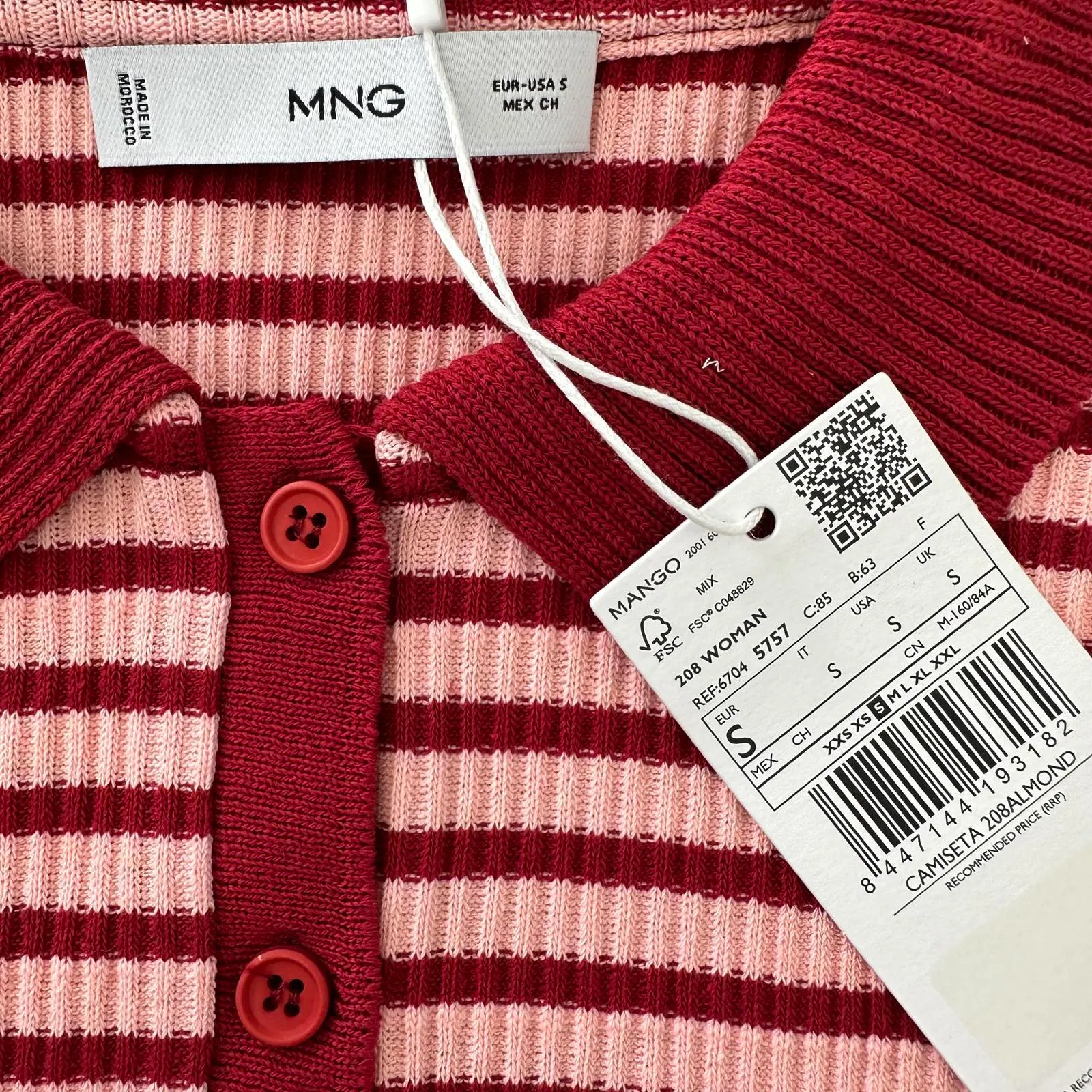 Mango Cotton Blend Short-Sleeved Striped Polo Shirt Red Pink Stripes NWT Small - Image 4