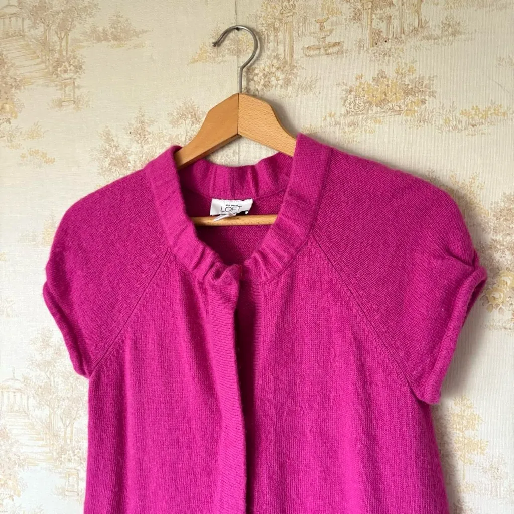 Vintage y2k pink Ann Taylor Loft wool rabbit hair cap sleeve cardigan sweater S - Image 7