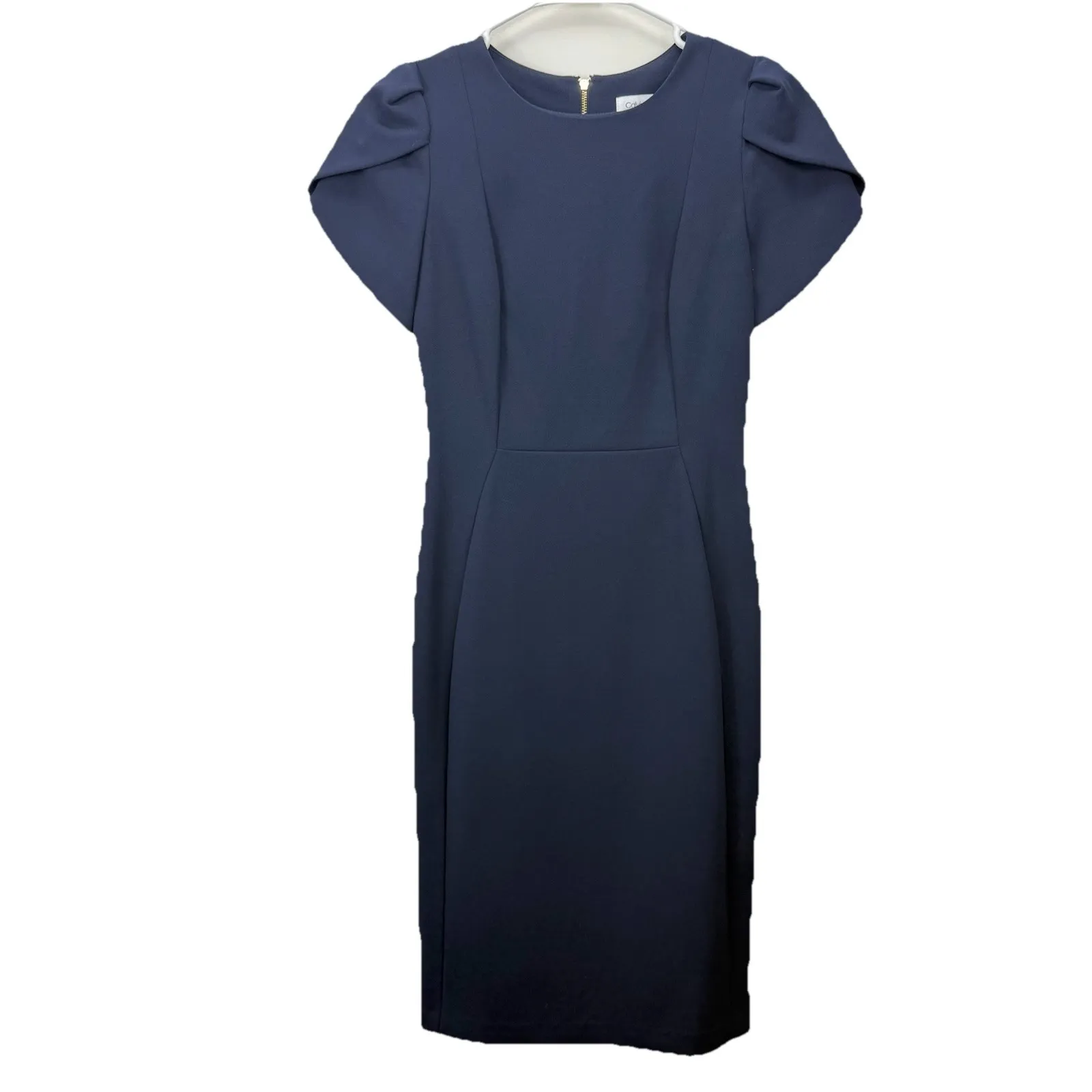 Calvin Klein Navy‎ Blue Tulip Sleeve Stretch Crepe Sheath Dress Size 2 - Image 4