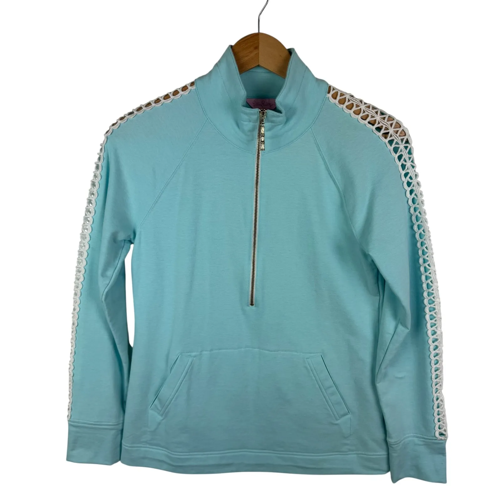 Lilly Pulitzer Skipper Popover XS Blue Lace Trim Pullover Half Zip Preppy‎ Soft - Image 2