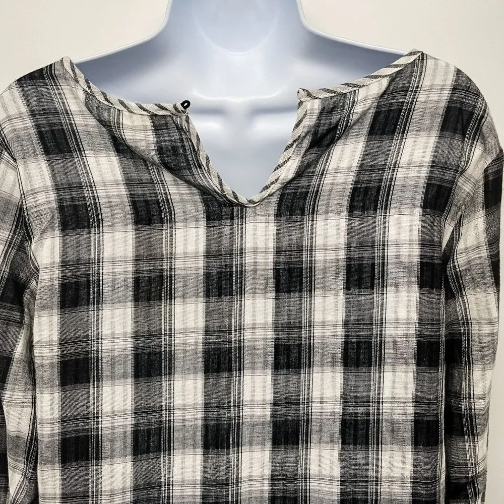 Crescent Plaid Checkered Print V-Neck Long Sleeve Tie Cuff Blouse Woven Top - Image 7