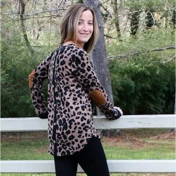 Pink Clover Abby Button Back Knit Top - Leopard with elbow patches - Size S - Image 7