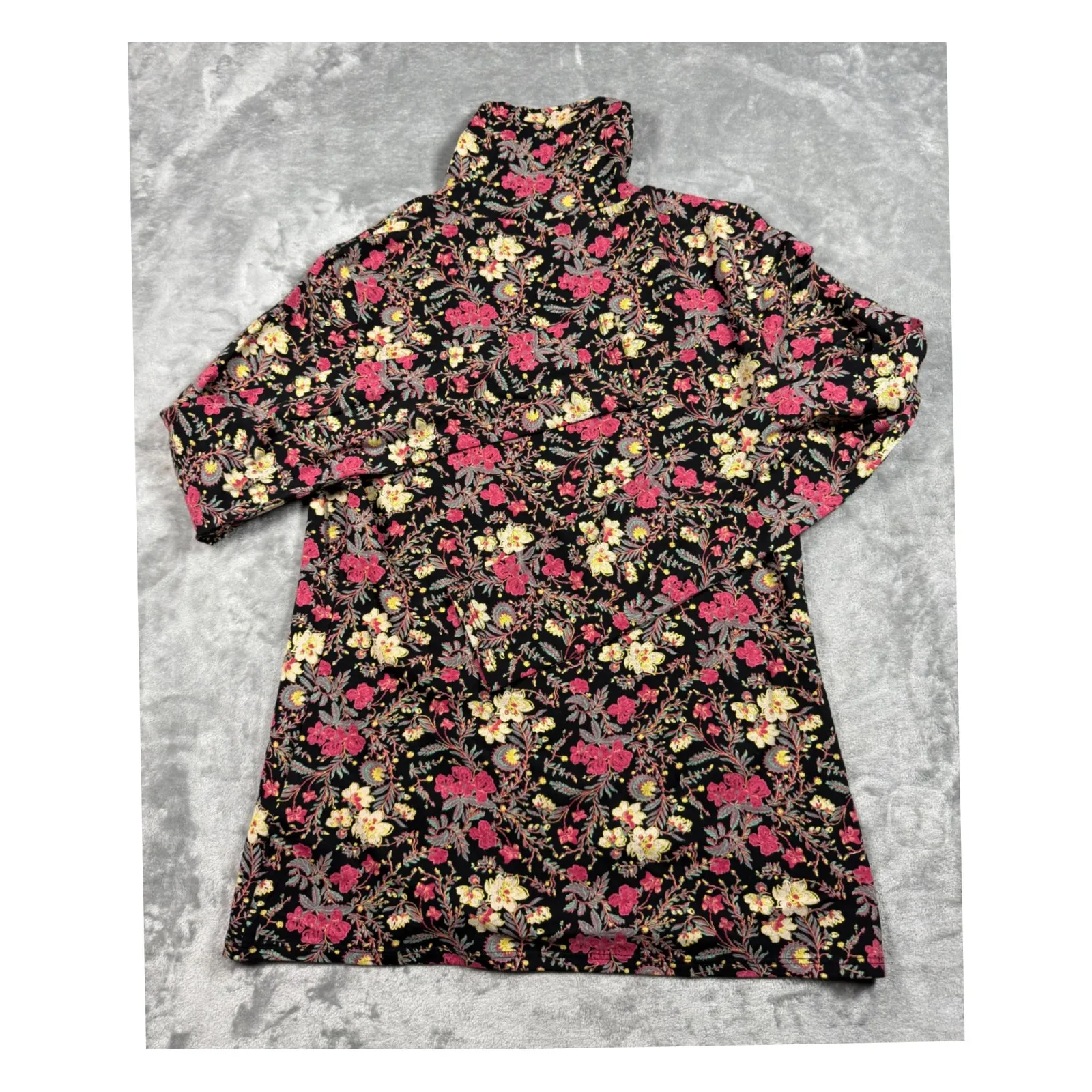 Peruvian Connection Floral Turtle Neck Long Sleeve Top Black Pink Yellow Medium‎ - Image 2