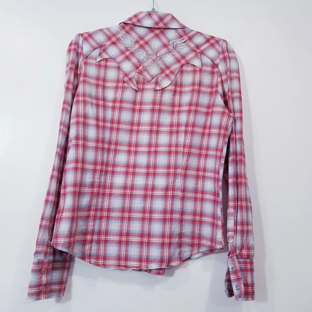 Parasuco Gold Silver Metallic Stripes Embroidery Plaid Western Cowgirl Shirts Red Size M - Image 3