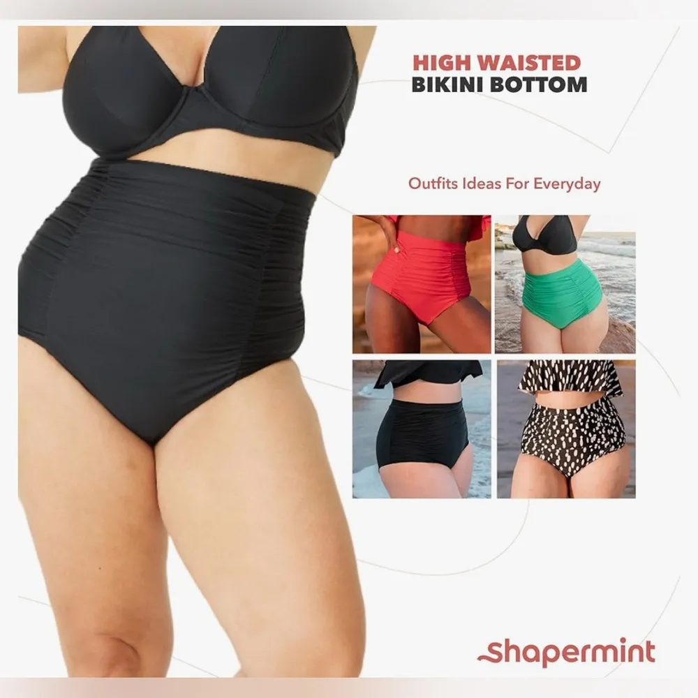 NEW SHAPERMINT Ruched High Waisted Bikini Bottom Swimsuit Tummy Control 2X Black Size XXL - Image 5