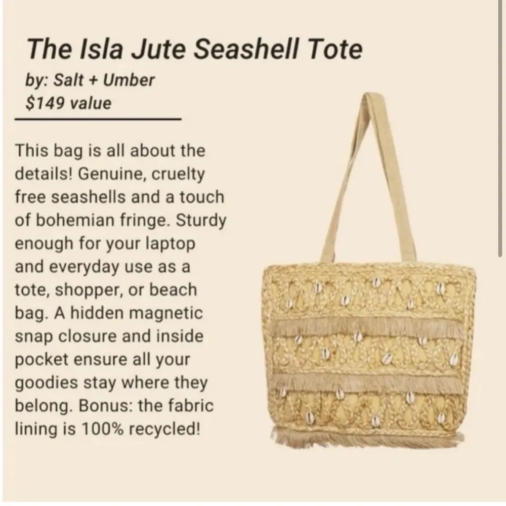 Salt + Umber Boho Isla Jute Seashell Beach Tote Bag New with tags! Tan - Image 3