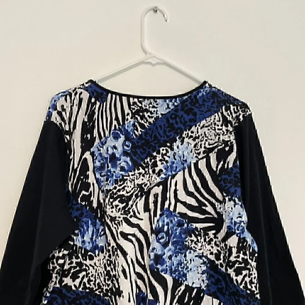 ALFRED DUNNER Black White Blue Cheetah Leopard Animal 3D Stripe 3/4 Sleeve Top L - Image 11