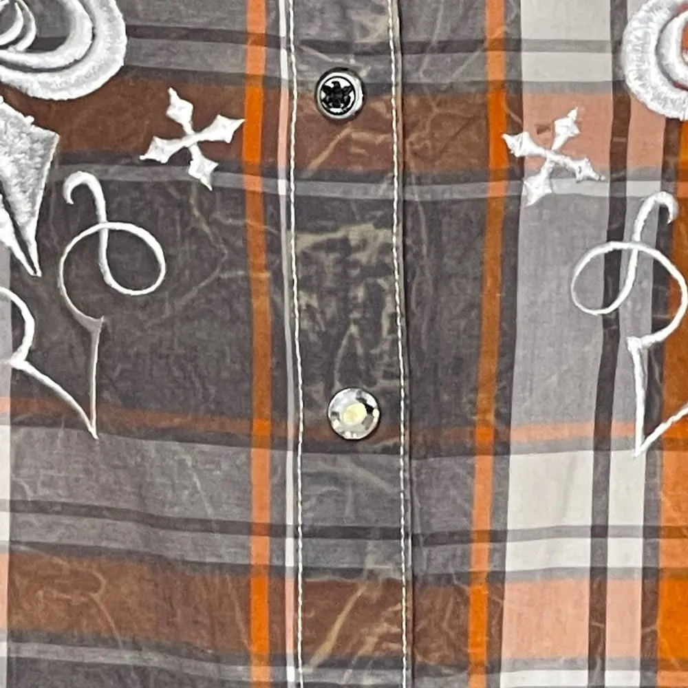 Affliction Black Premium Diamond Snap Western Shirt Size Small Orange Plaid - Image 6