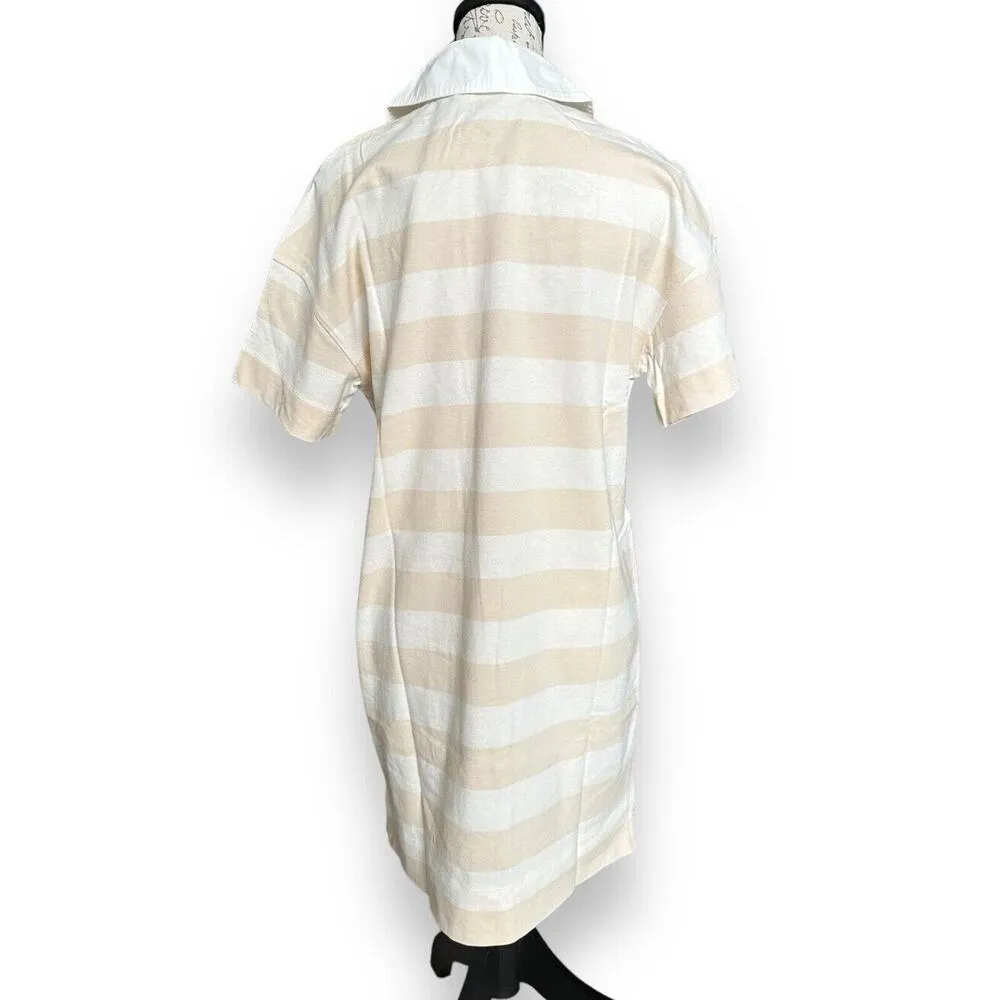 New Everlane Organic Cotton Polo Short Sleeve Dress Cashew Tan White Medium - Image 4