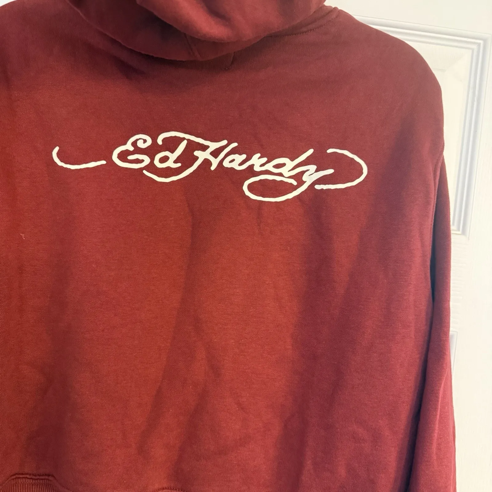 Ed Hardy Hoodie Koi Fish Cropped Women’s LG Brick Red Sleeve Spellout Y2K Skater - Image 5