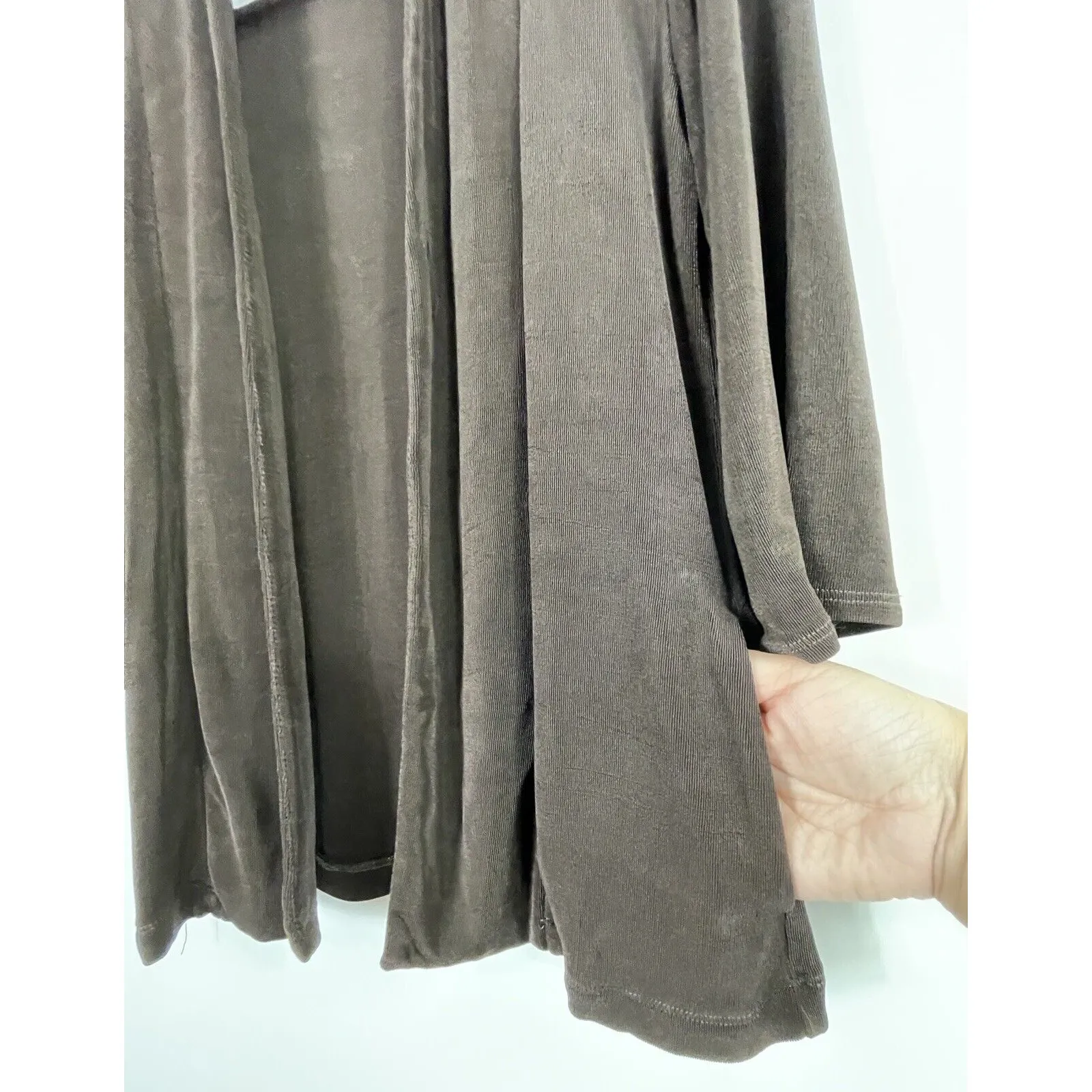Chicos Travelers Size Small Open Front Cardigan Slinky Knit Brown Topper Pockets - Image 6