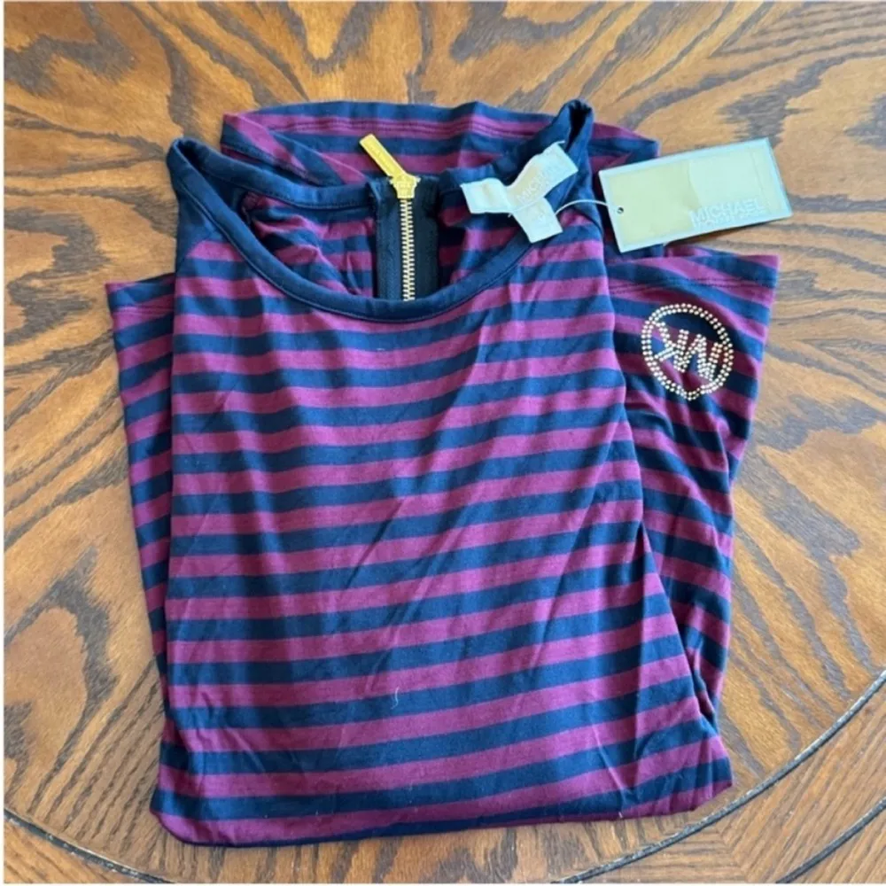 MICHAEL Michael Kors Navy and Burgundy Striped Long Sleeve Tee Blue Size L - Image 12
