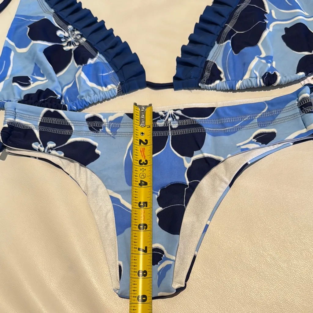 Women size Large Blue navy white hibiscus Floral triangle Bikini top set ruffles - Image 7
