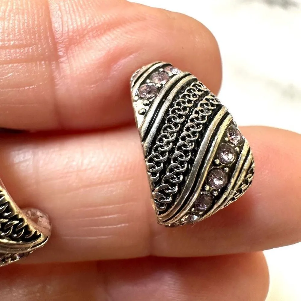 Silver tone pink rhinestone half hoop earrings - Image 4