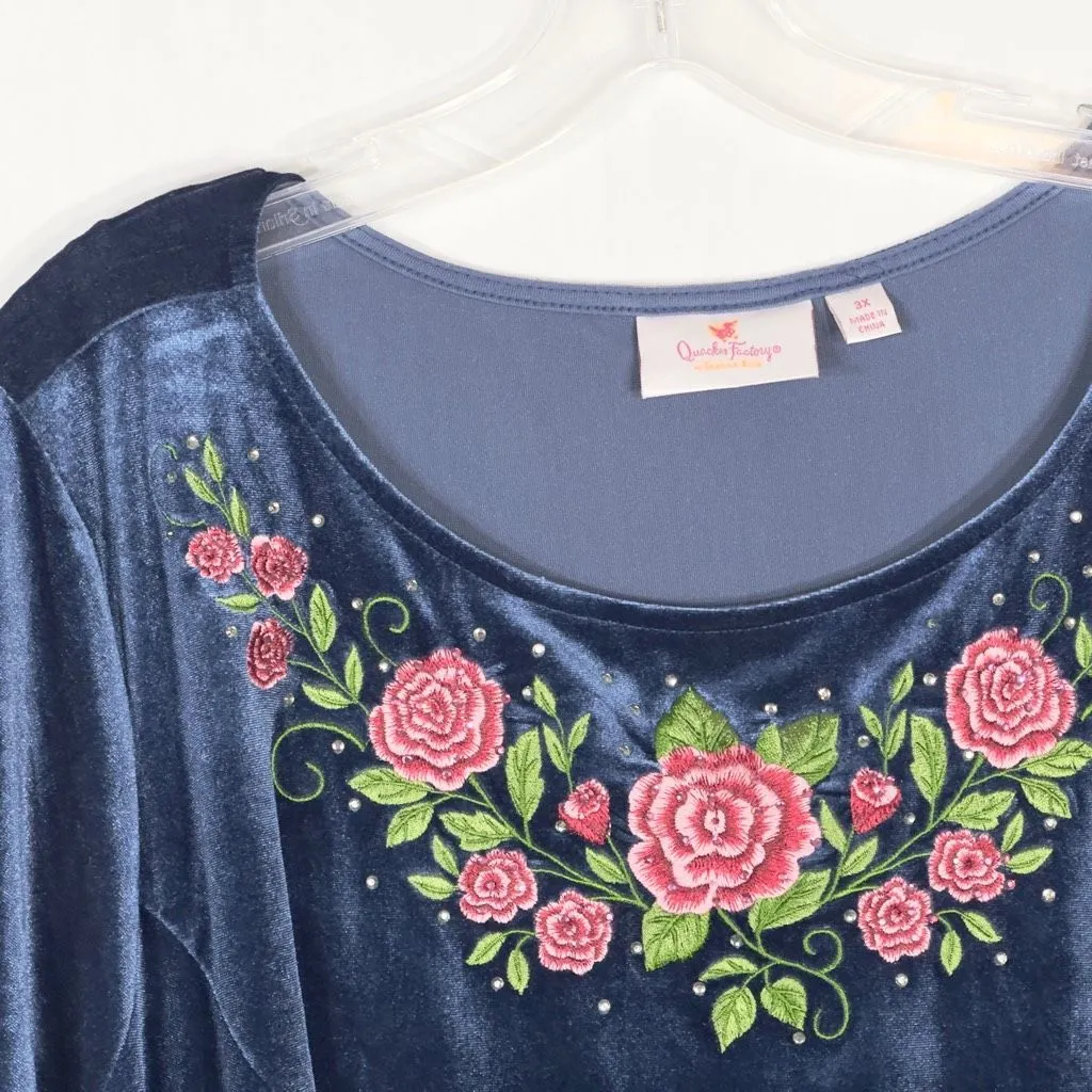 Quacker Factory Plus Size 3X Dress Blue Velvet Embroidered Rhinestone Midi 465 - Image 9