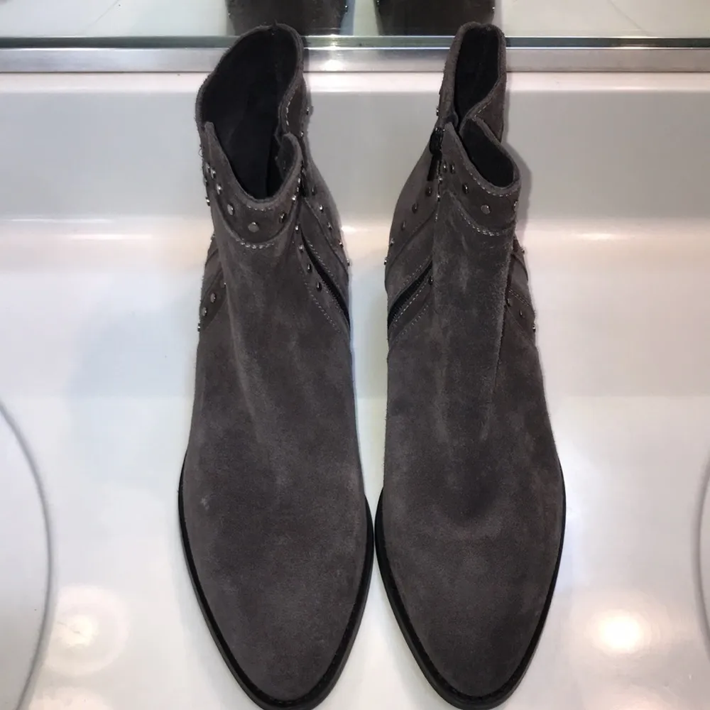 Sesto Meucci Women’s Italian Leather Suede Studded Gray Ankle Heeled Boots - Image 2