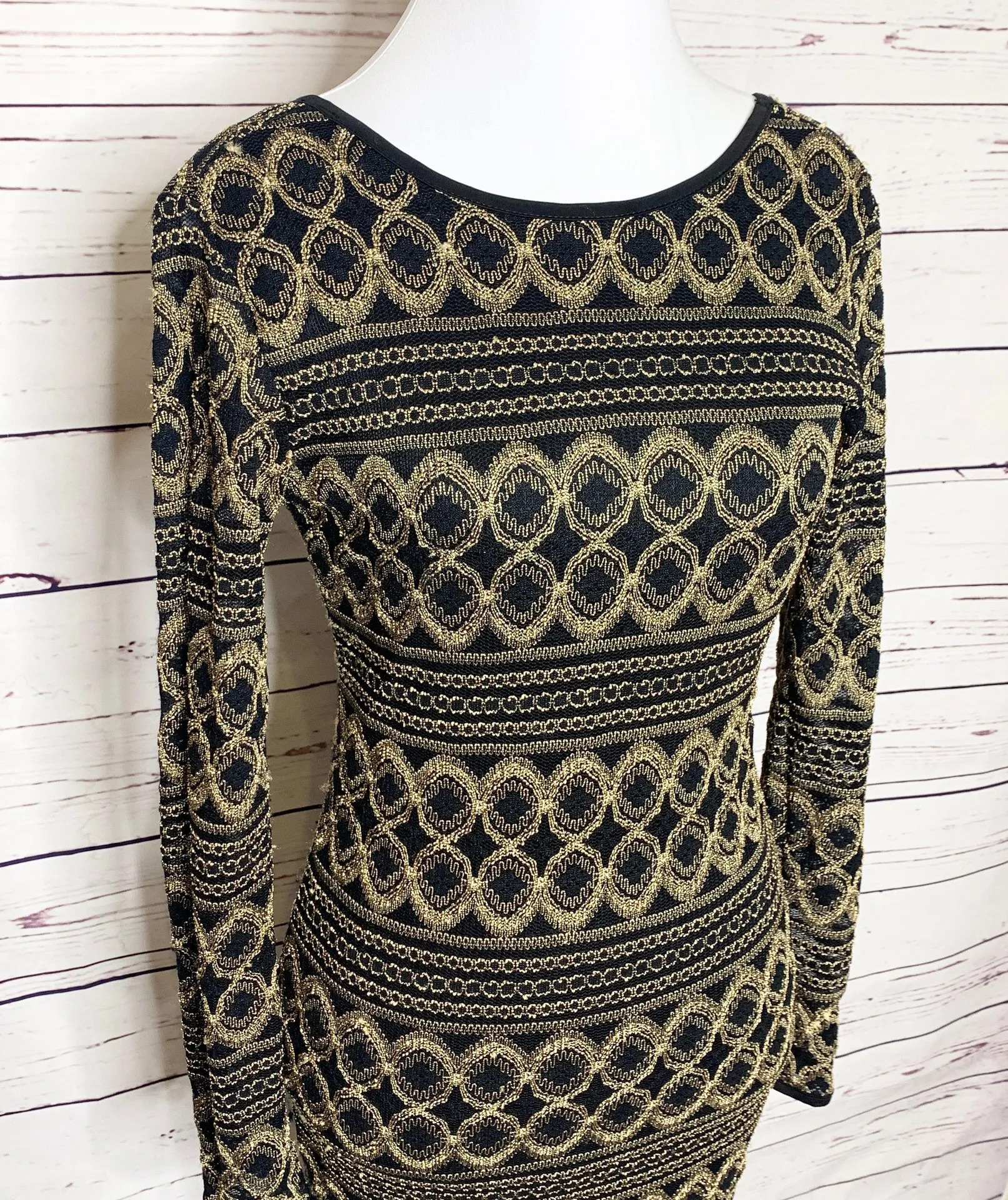 Black & Gold Long Sleeve Bodycon Dress Small - Image 6