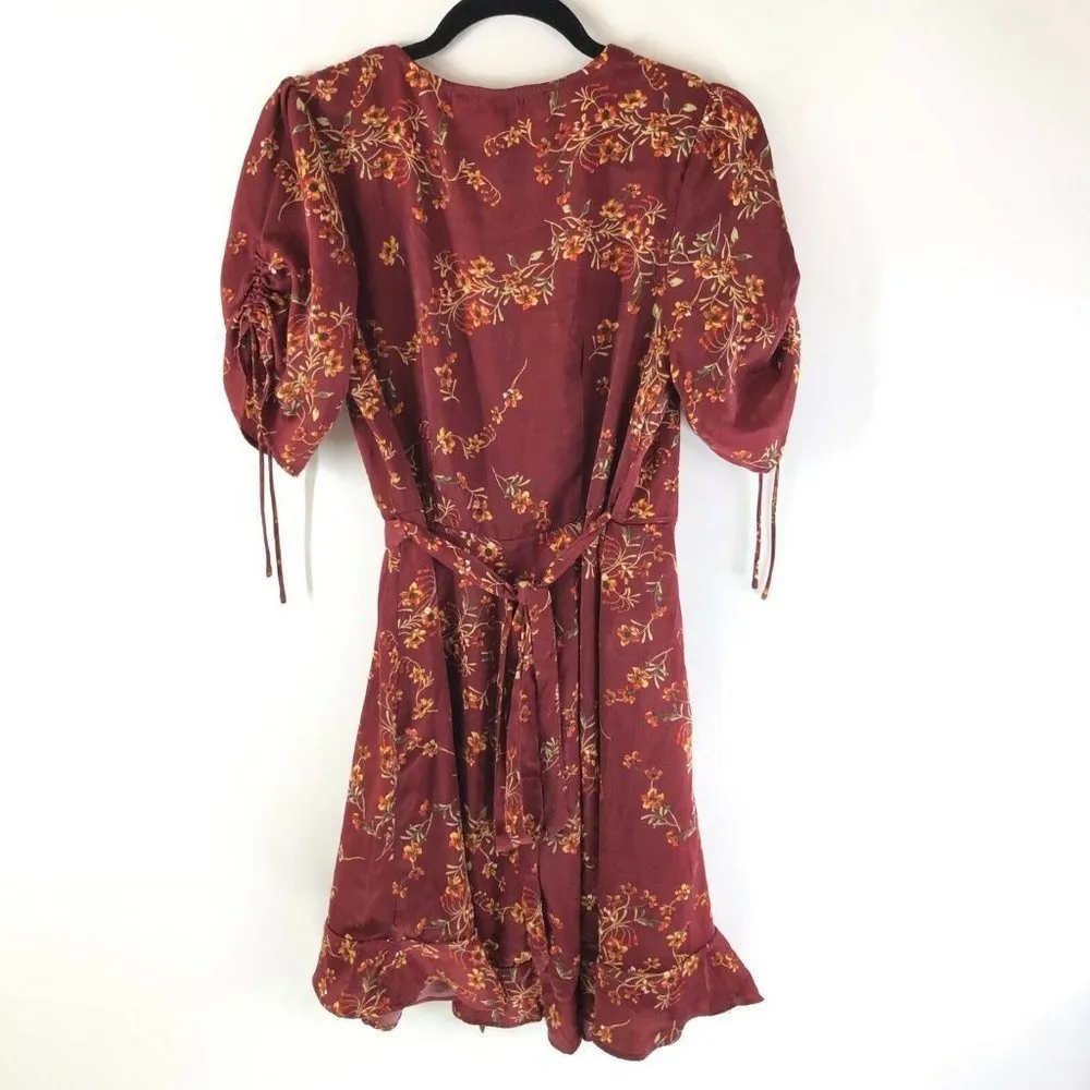 Lovestitch Wrap Dress Ruffle A Line Floral Puff Sleeve Burgundy Size S - Image 3