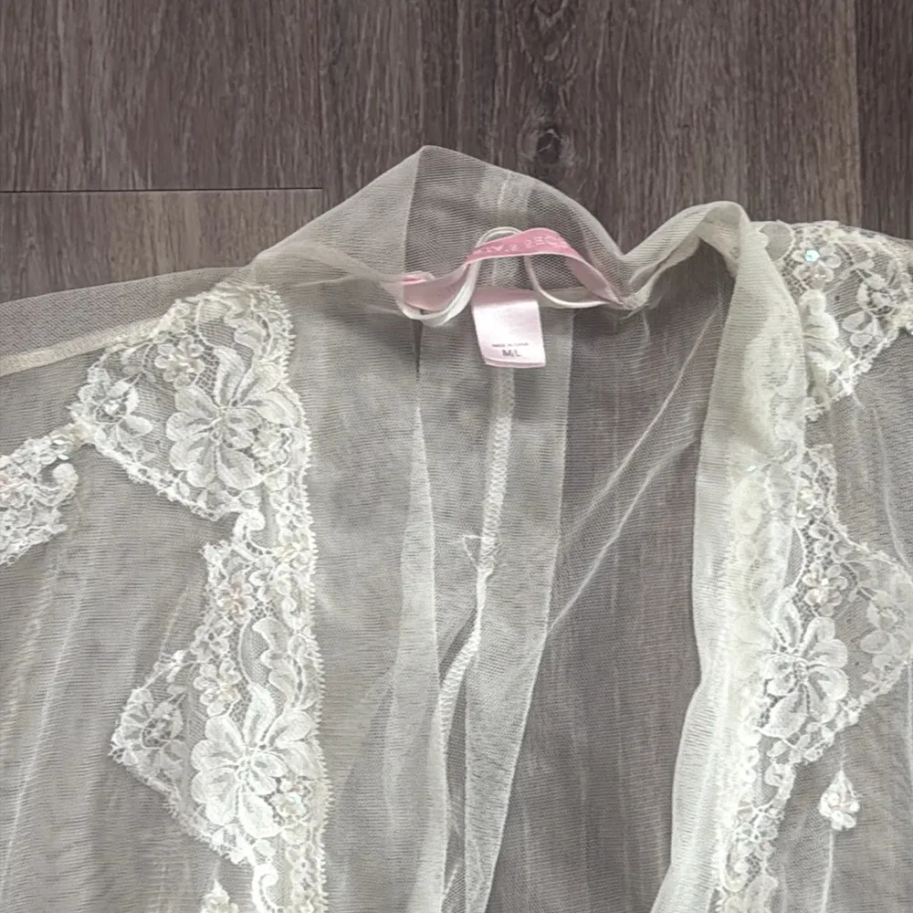 Victoria's Secret Cream Sheer Robe Intimates Sleepwear with Lace Beaded detail - Image 5