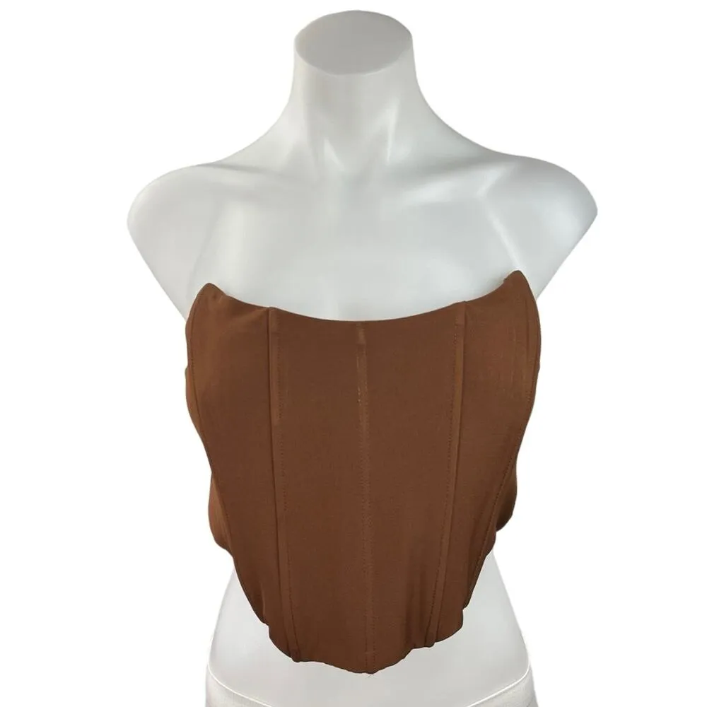 White Fox Brown Strapless Zipper Bodice Bustier Tube Bandeau Corset Crop Top M Size M - Image 3