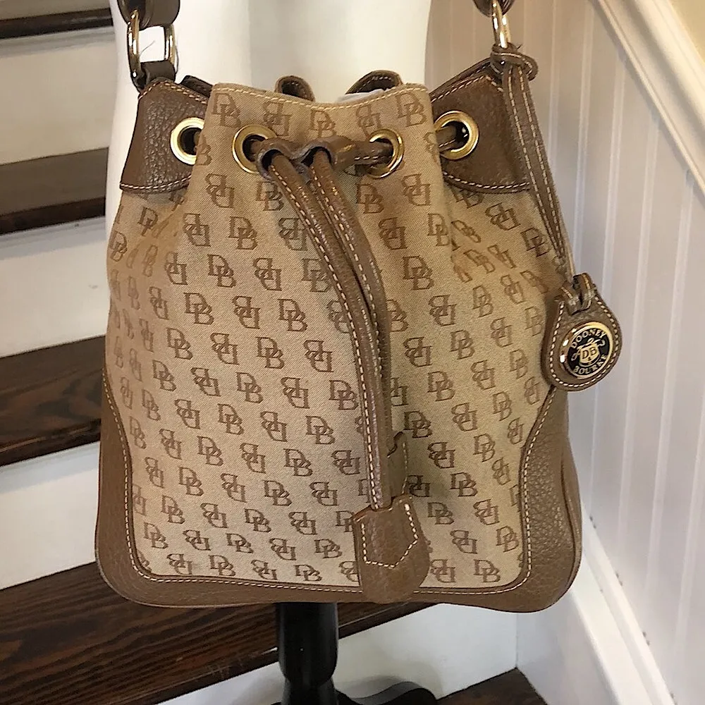 DOONEY & BOURKE Brown Leather Canvas Monogram Drawstring Bucket Bag - Image 4