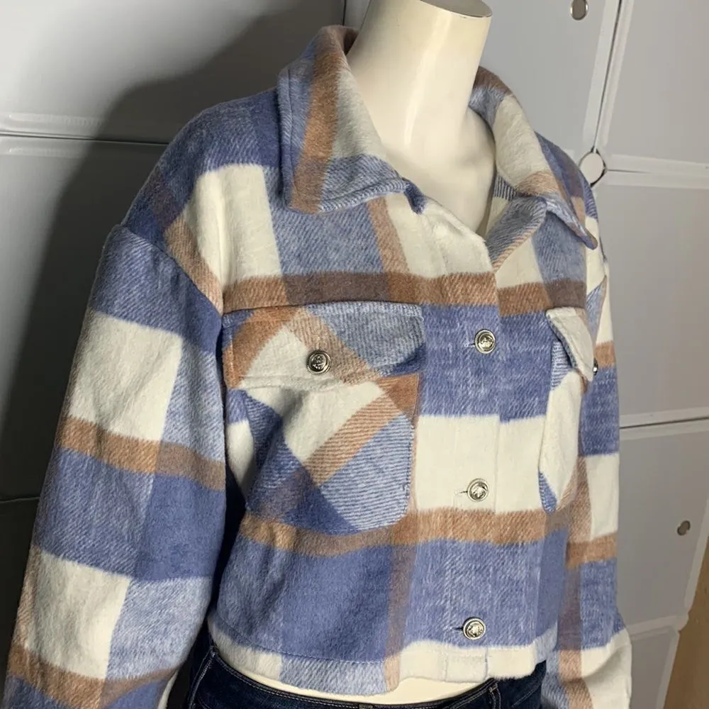 Plaid Print Drop Shoulder Crop Overcoat Size Large Blue - Image 4