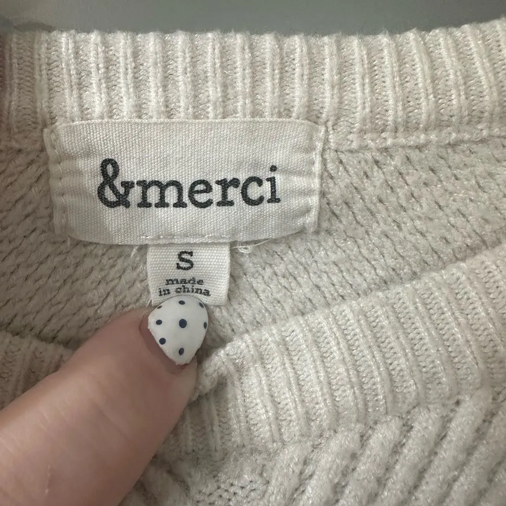 &Merci White Sweater Puff Sleeve Crewneck Pullover Size Small - Image 4