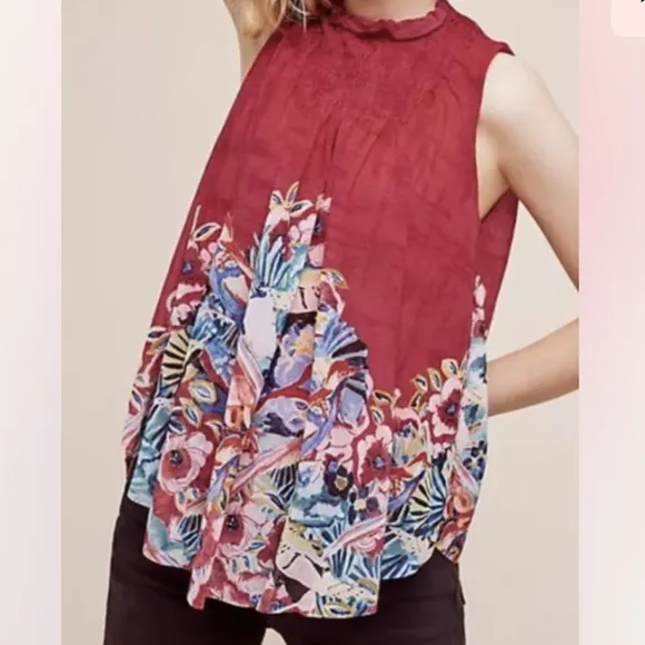 Anthropologie Deletta Epona Tropical Bird Floral Mock Sleeveless Top Red - Image 2