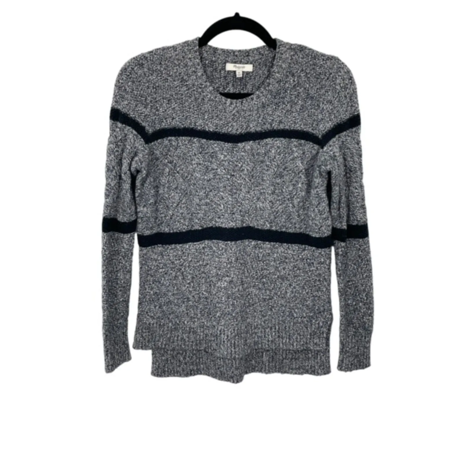 Madewell Patternstorm Black Marled Cable Knit Striped Crewneck Sweater‎ Size XS - Image 3