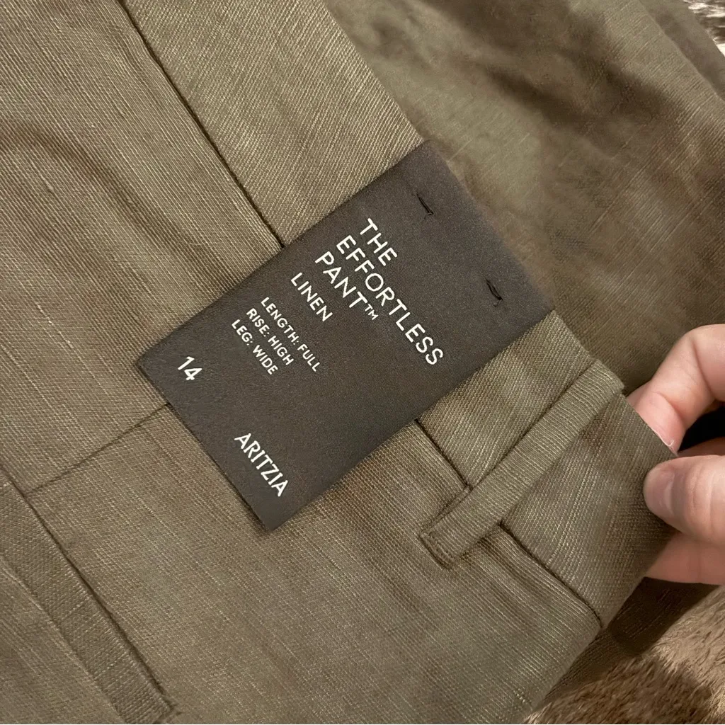 ARITZIA Effortless Linen Wide Leg Trouser Pants In Dark Olive Green Size 14 NWT - Image 4