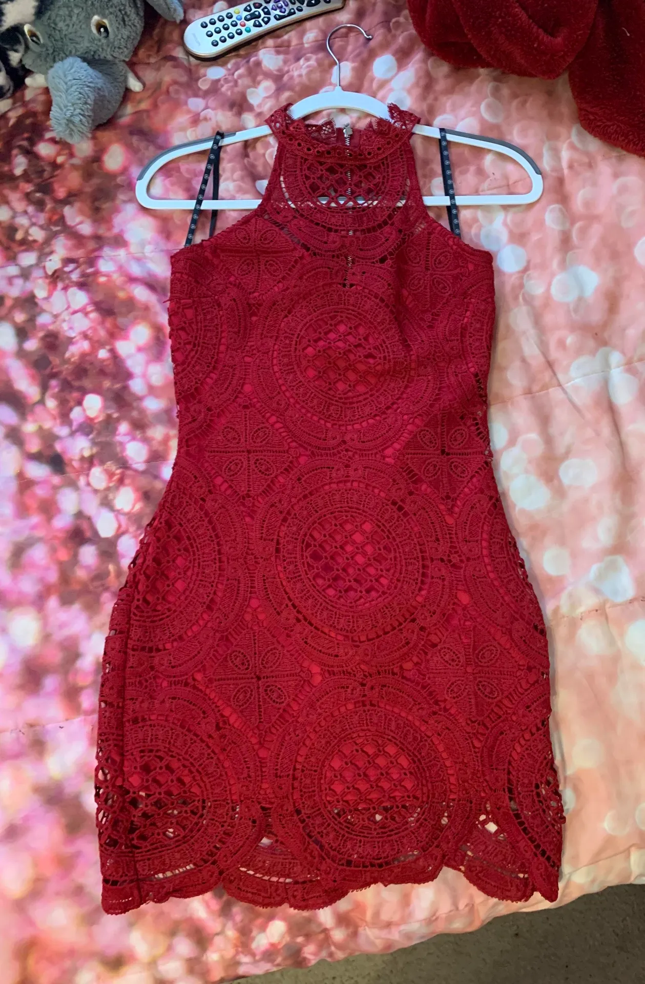 Red Lacey Party Mini Bodycon Dress - Image 4