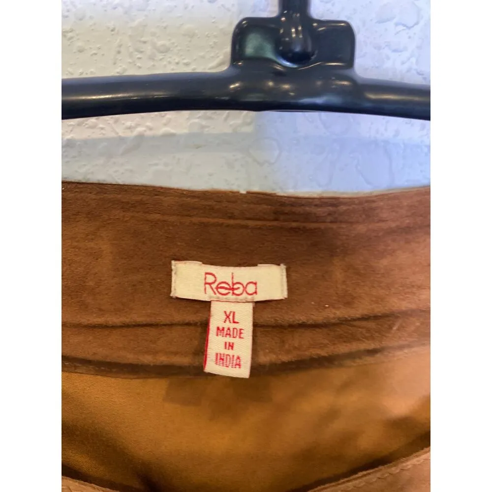 Reba Brown Leather Beautiful Jacket Fringe EUC Sz XL Lined Long Sleeves Crochet - Image 4