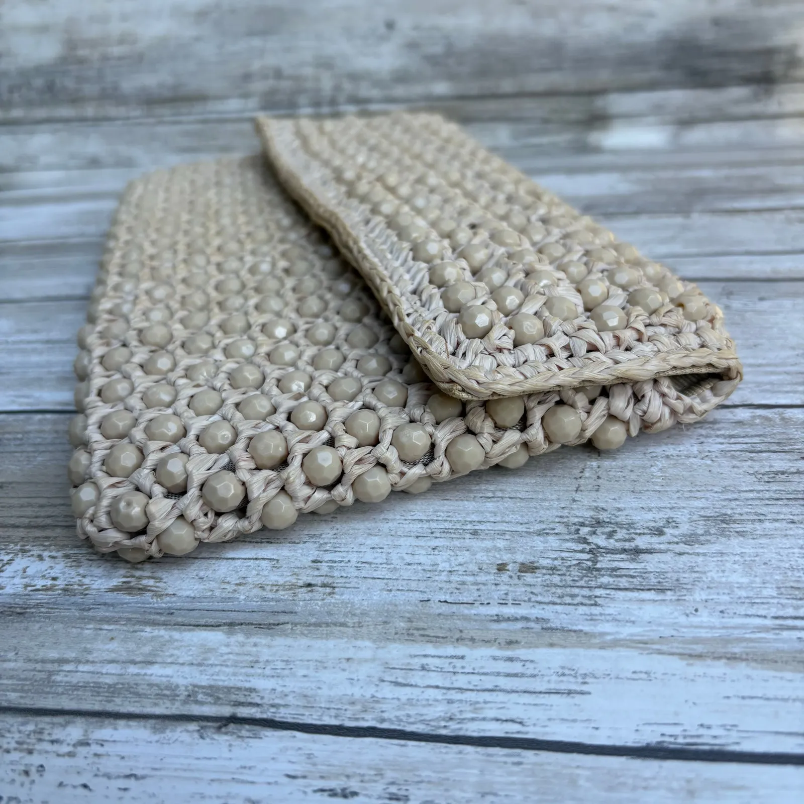 VTG Barbara Lee Purse Cream Beaded Rattan Straw Clutch Small Made in Italy - Image 3