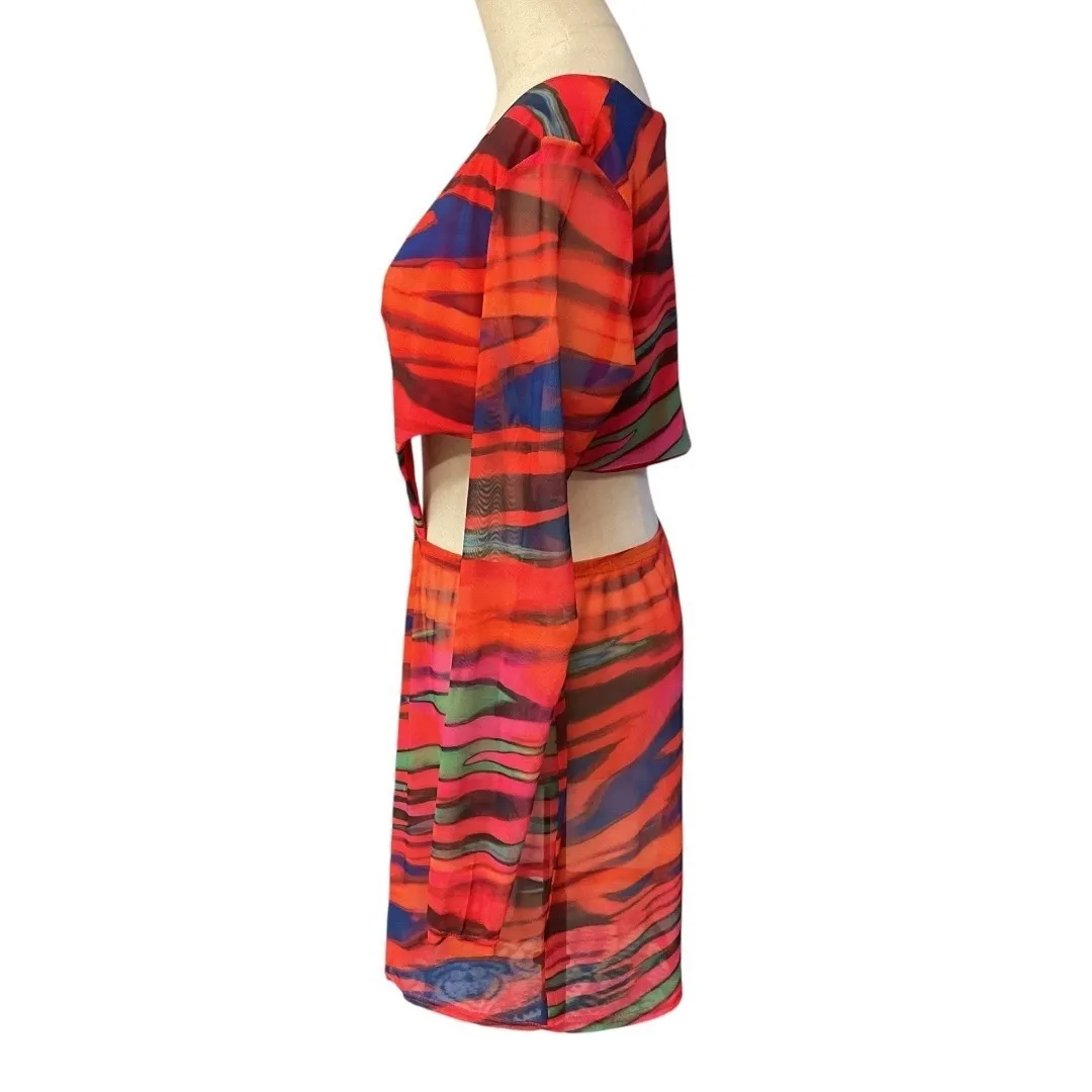 PrettyLittleThing Women's Multicolor Lined Long Sleeve Cut Out Mini Dress‎ Sz 14 - Image 4