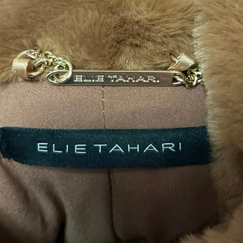 Elie Tahari Brown Faux Fur Shearling Long Sleeve Zip Drawstring Coat Jacket Sz M - Image 4