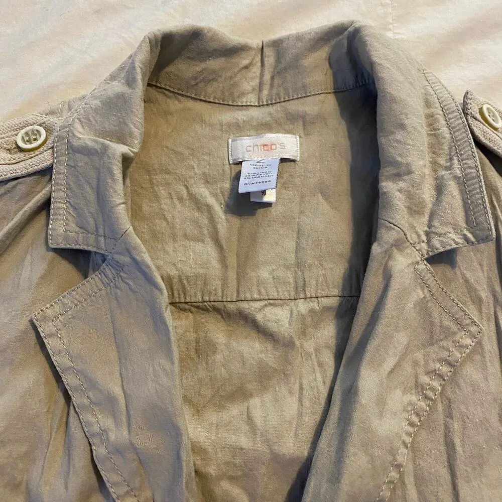 Chicos 2 Jacket Tan Large Button Patch Pocket Utility Elastic Waist Linen Blend - Image 12