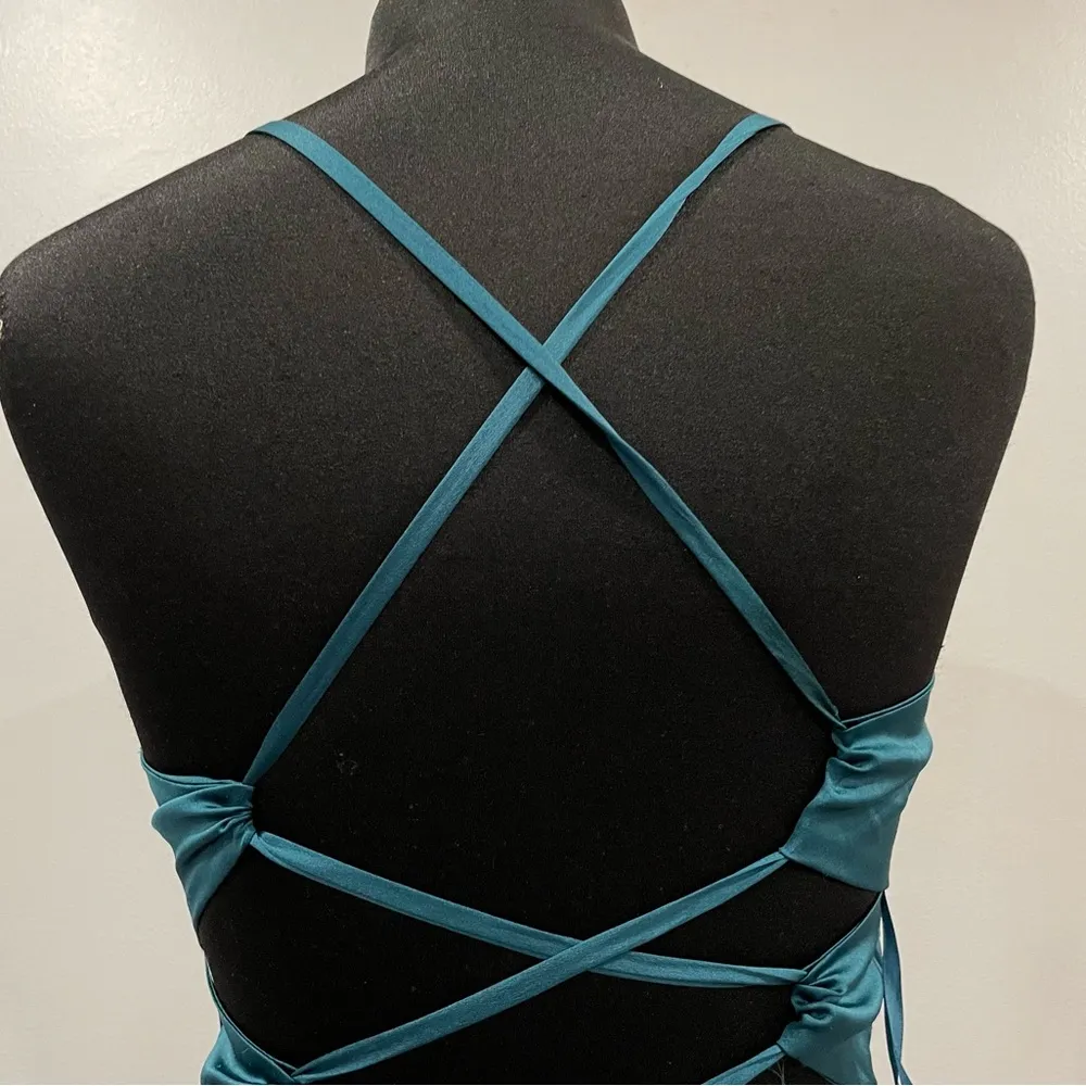 La Femme 28571 Teal Strappy Back Satin Gown 4 - Image 4