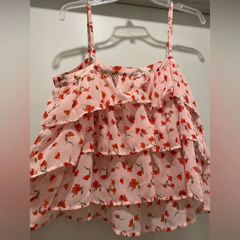 Pink & Red Floral Poppies Ruffled Long-Cropped Cami Tank Top - Size L - Image 6