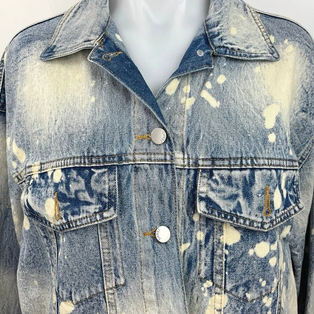 Vintage Indie Mae Blue Acid Wash Paint Splatter Jean Denim Trucker Jacket Sz M Size M - Image 3