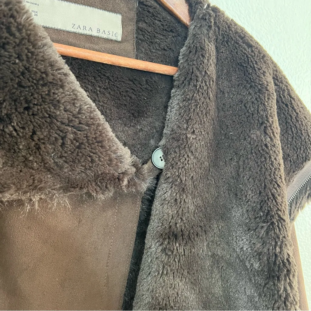 Zara Brown Faux Suede Shearling Coat Size S - Image 7