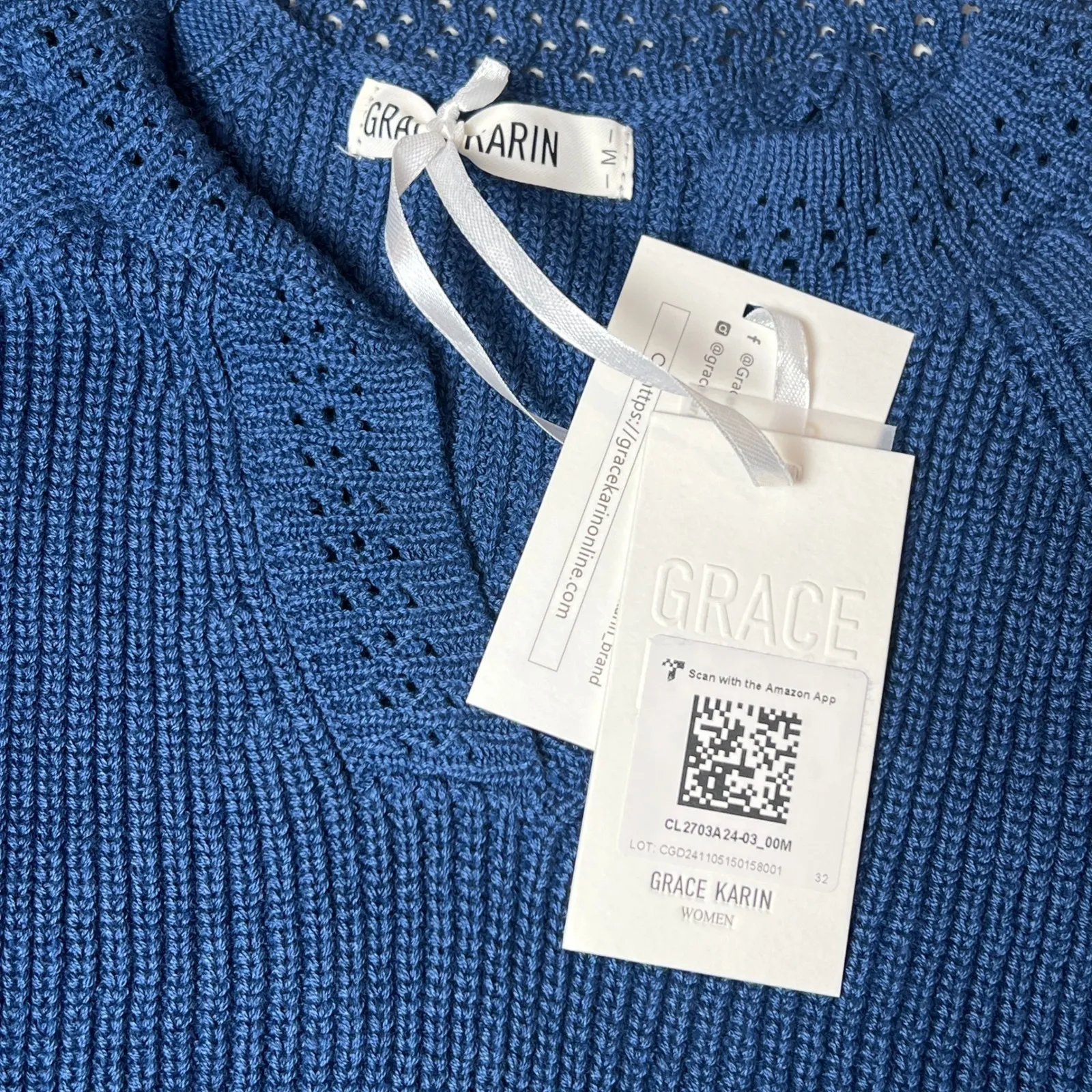 Grace Karin Blue Knit Split-Neck Pullover Sweater Women's M NWT - Image 4