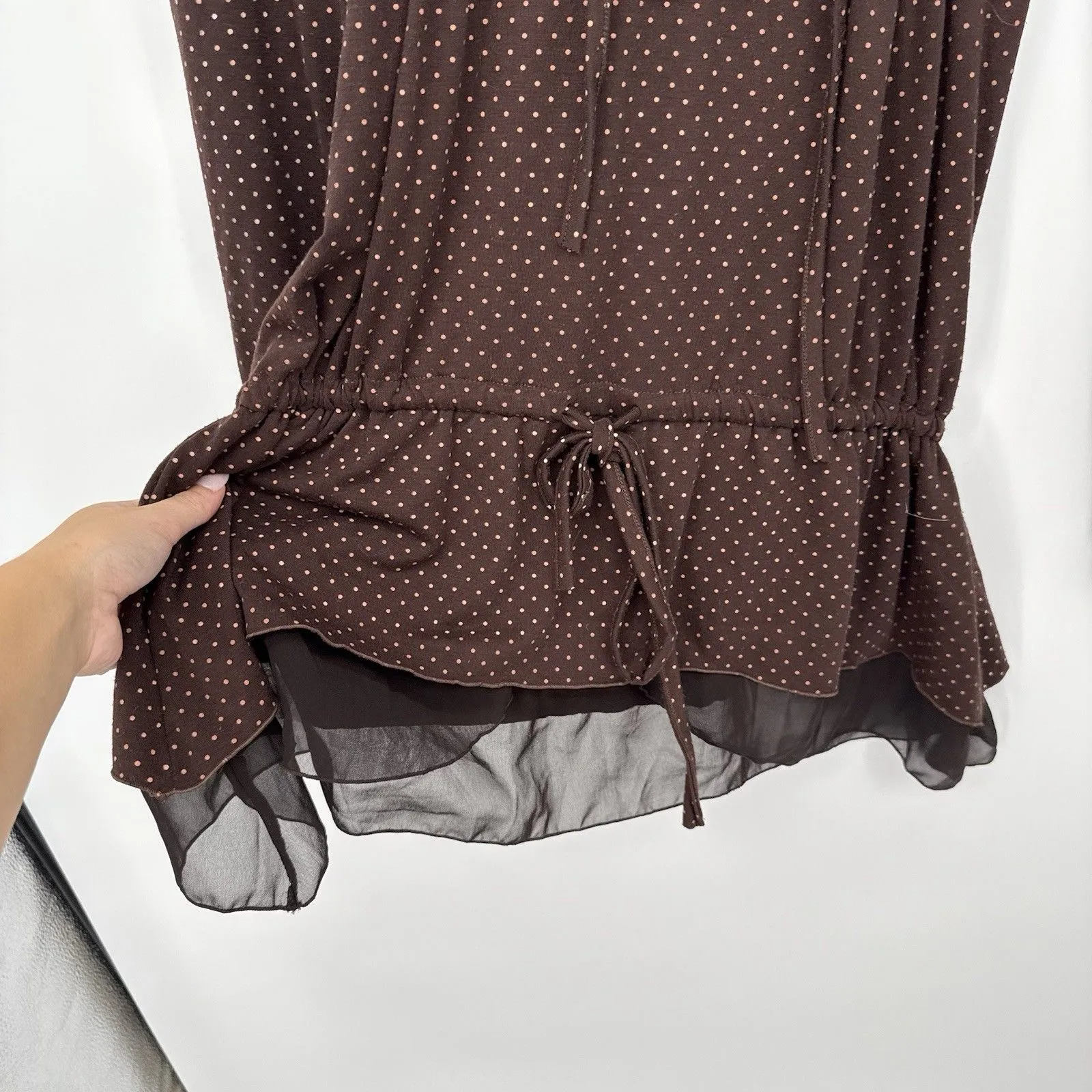 Brown Polka Dot Long Sleeve Blouse Top Ruffle China Fall Size Medium - Image 4