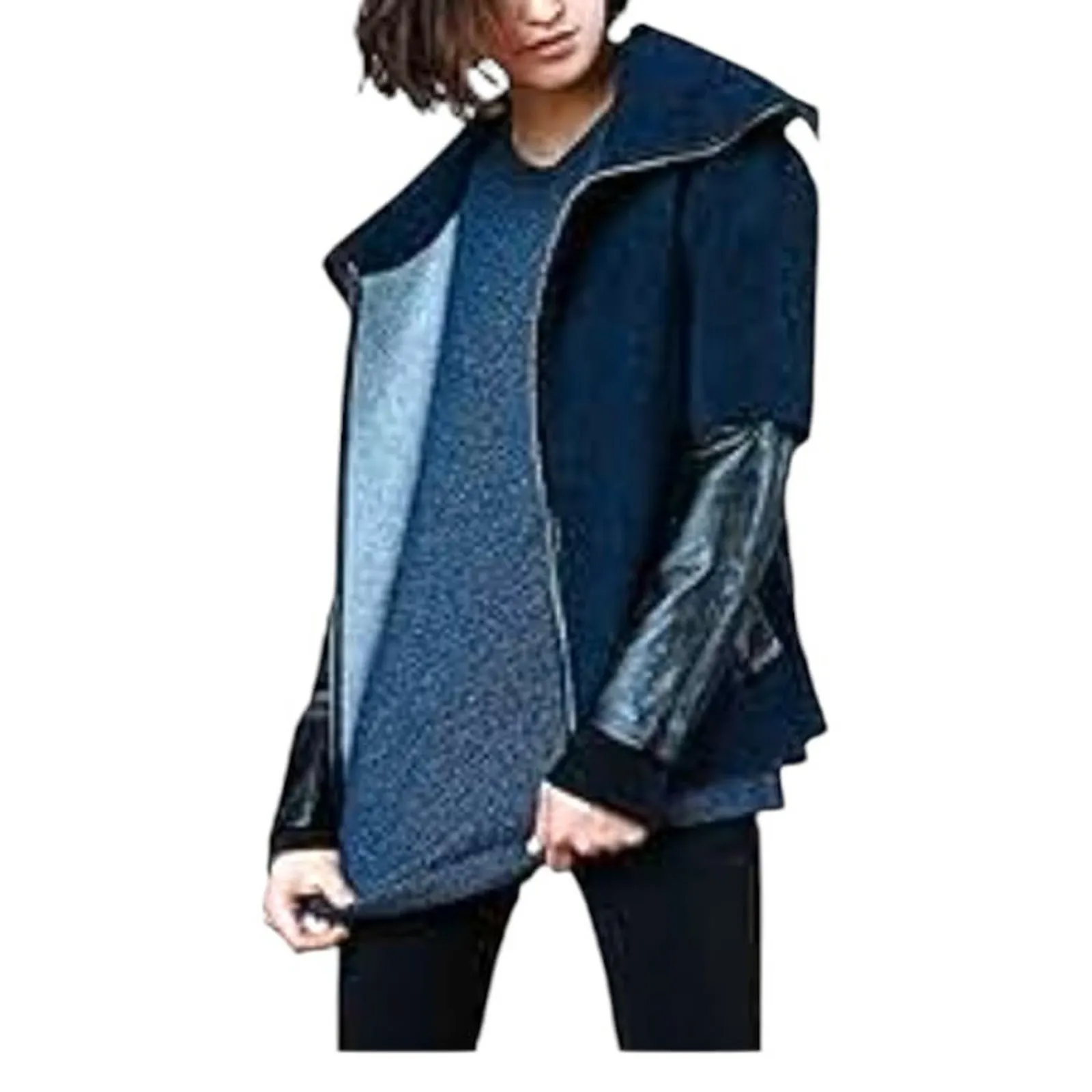 SHUI CHEN New York Women's Open Blazer Jacket Leather Italian Wool Blue Sz M/G Size M - Image 2