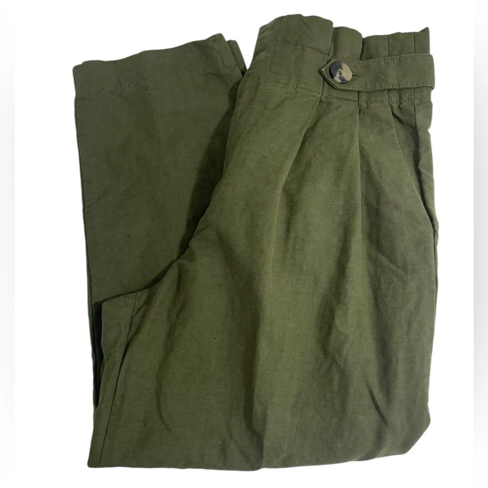 Zara Paperbag Waist Linen Blend‎ Barrel Leg Pants Size MEDIUM Army Olive Green - Image 5
