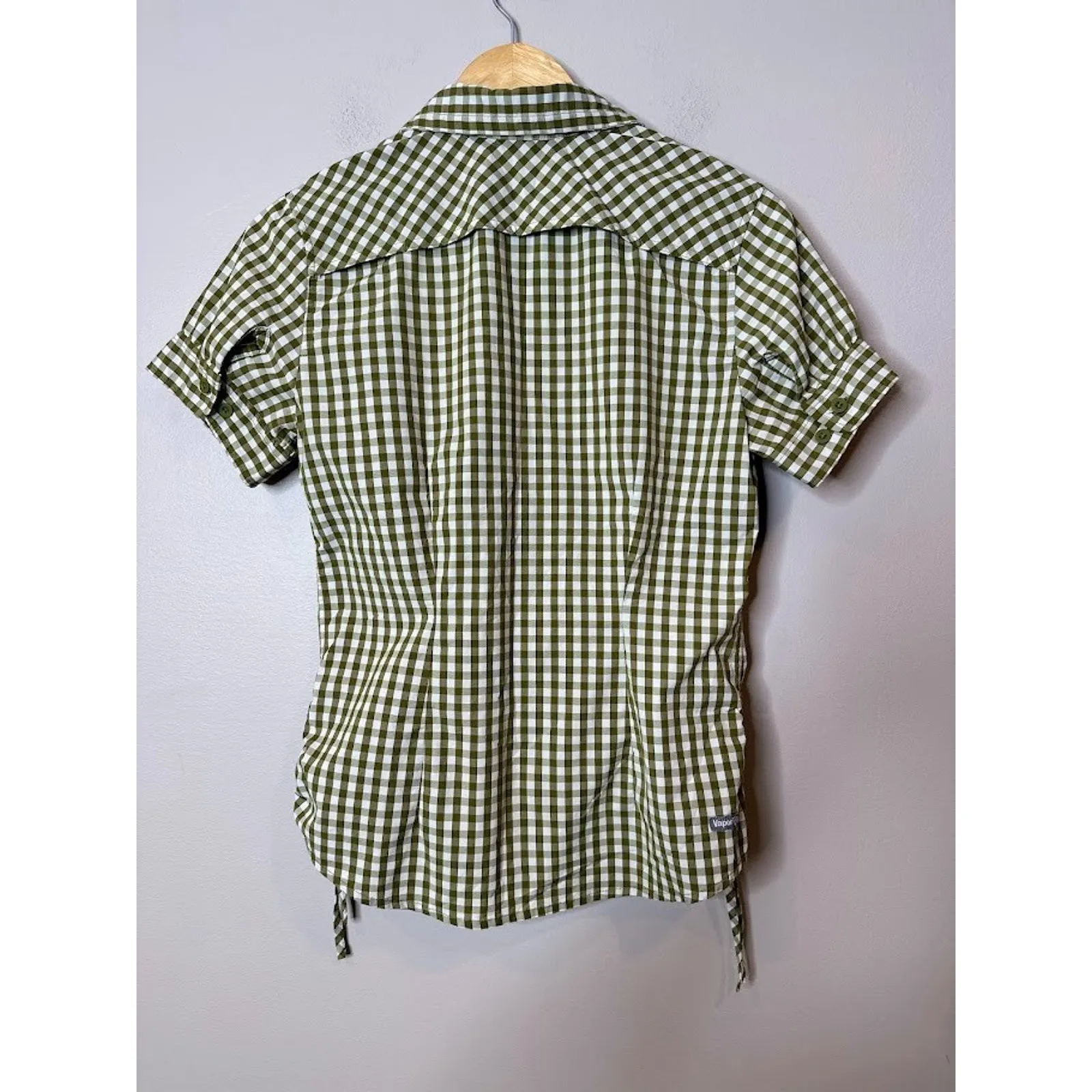 North Face Green Gingham Plaid Side Cinch Button Up Nylon Shirt Short Sleeve S - Image 5