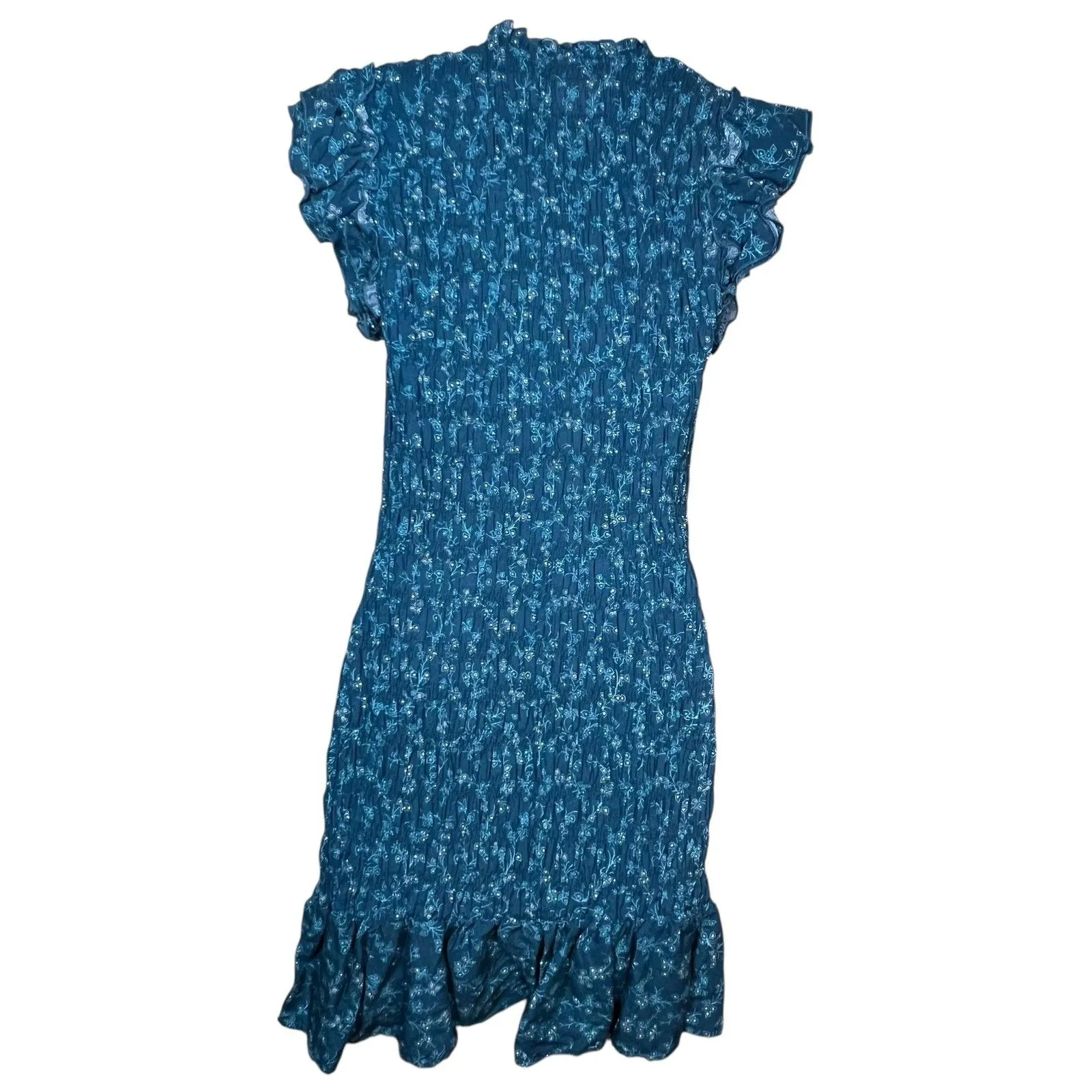Liberty Love Dress Womens Large Blue Ruffle Mini Floral Smocked Cap Sleeve New - Image 3