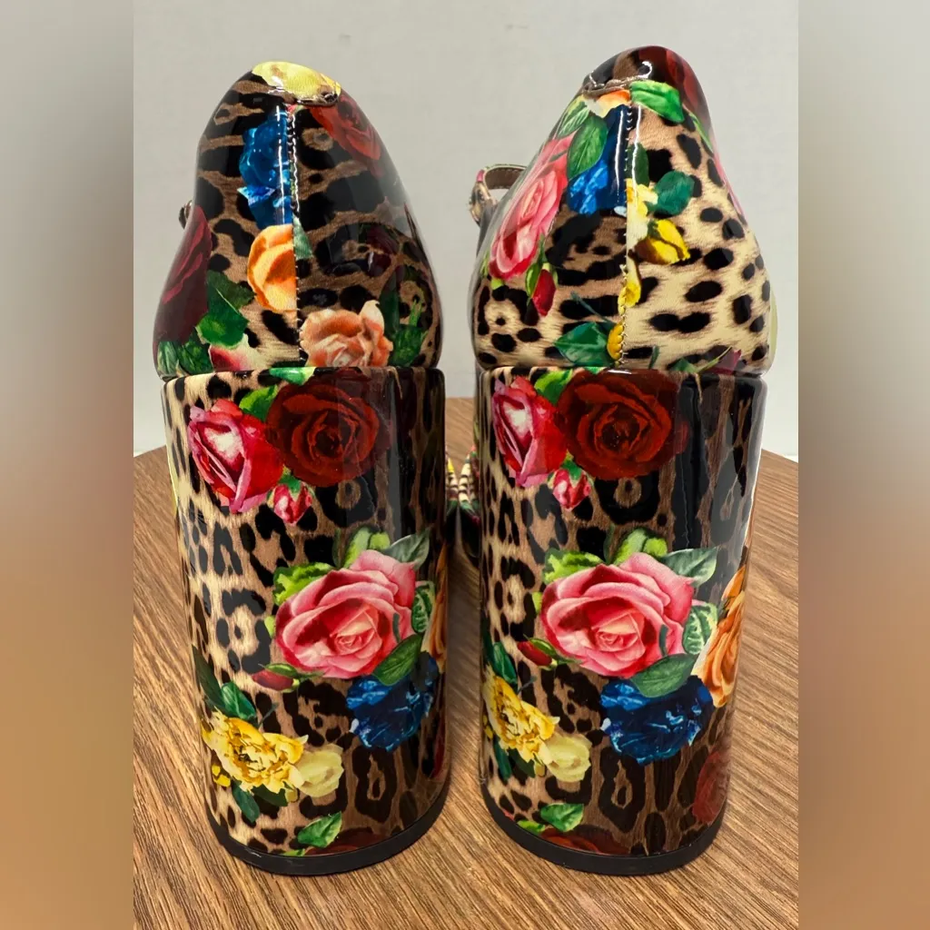 Betsey Johnson Blondie Loafer Floral Leopard Patent Leather Platform High Heel - Image 3